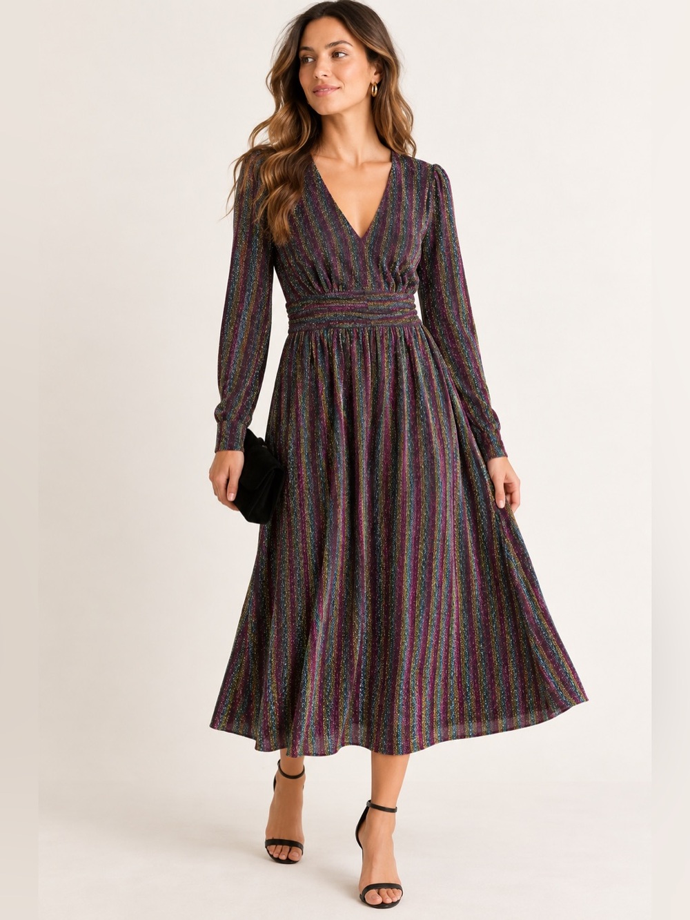 Boden Metallic Stripe Long Sleeve Midi Dress Burgundy Multi 6P NWT